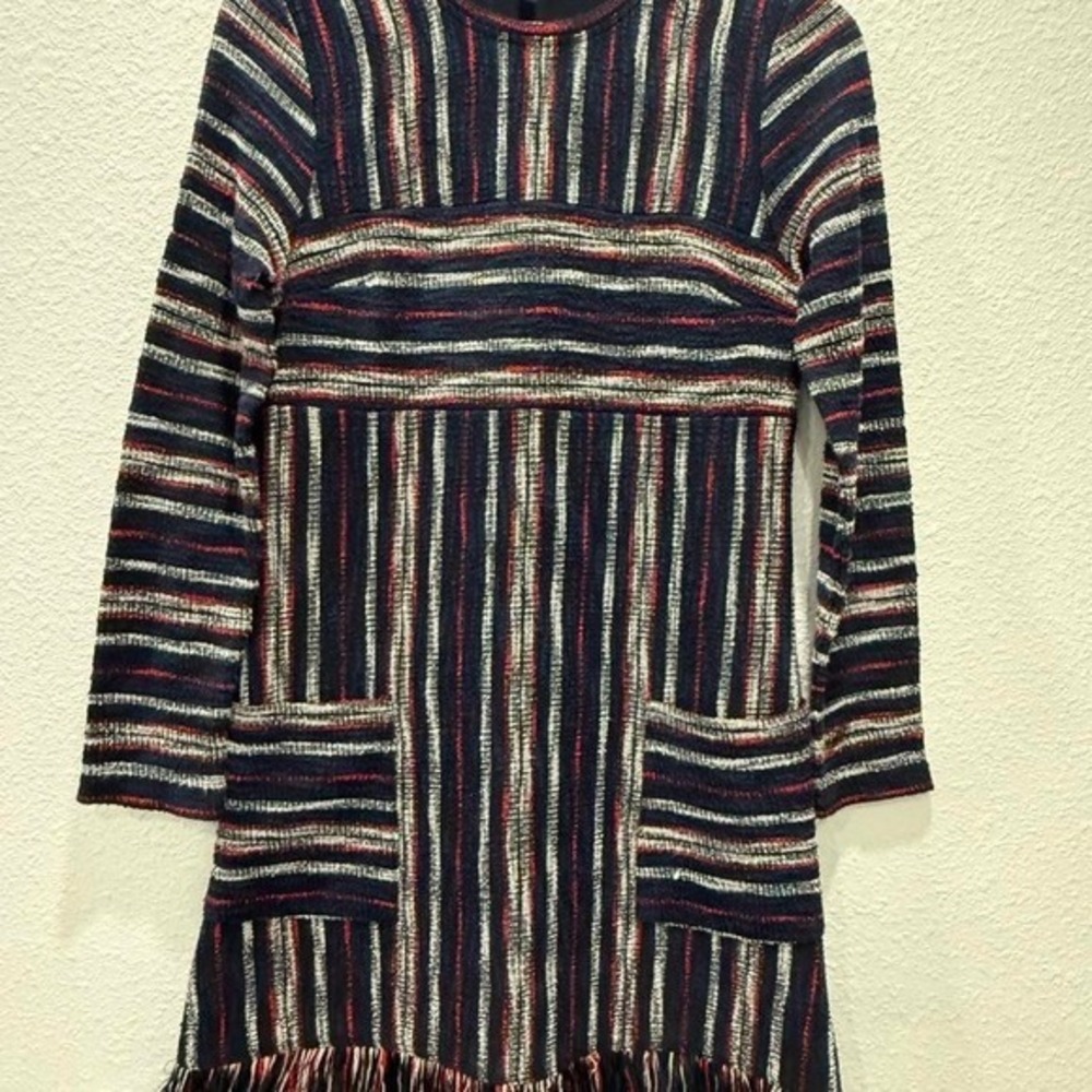 BCBG MAXAZRIA Boho fringe Navy Americana dress with white and red stripes